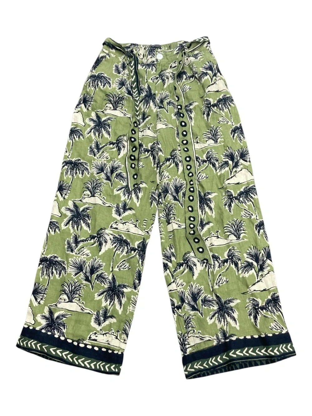 Tahari Olive Green Printed Linen pants 100 % linen